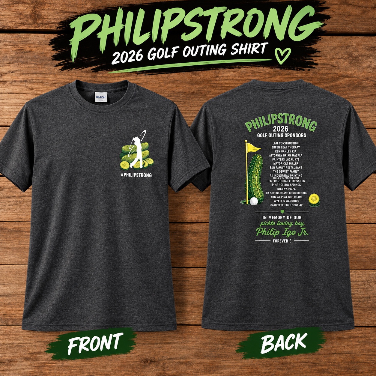 PhilipStrong 2026 Golf Outing shirt mockup showing the front golf design and back sponsor design