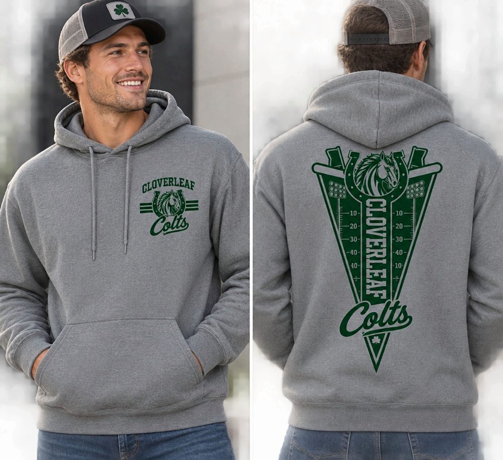 Grey Cloverleaf Colts hoodie shown from the front and back with green printing