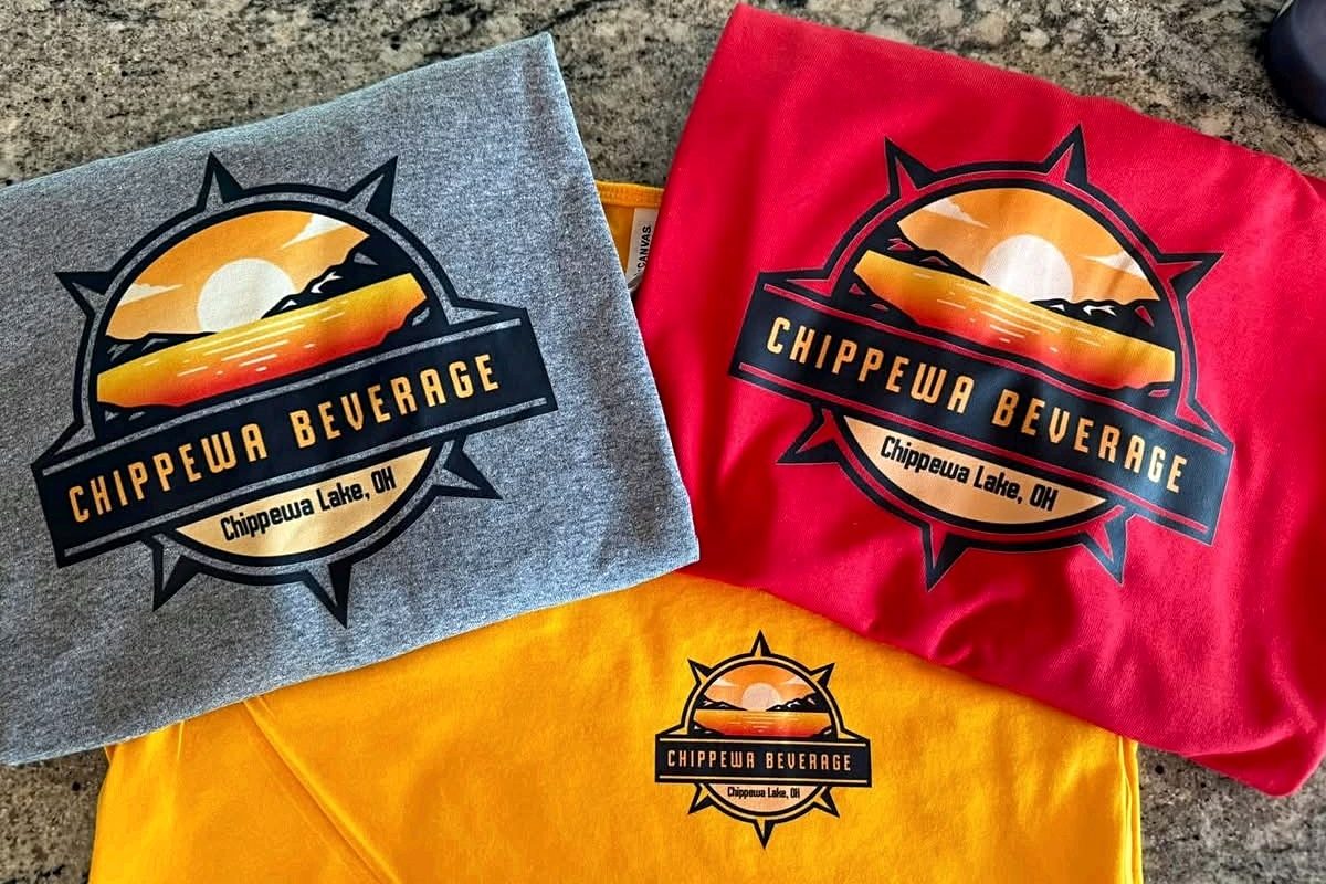 Custom printed Chippewa Beverage shirts in grey, red and gold for a local Chippewa Lake business