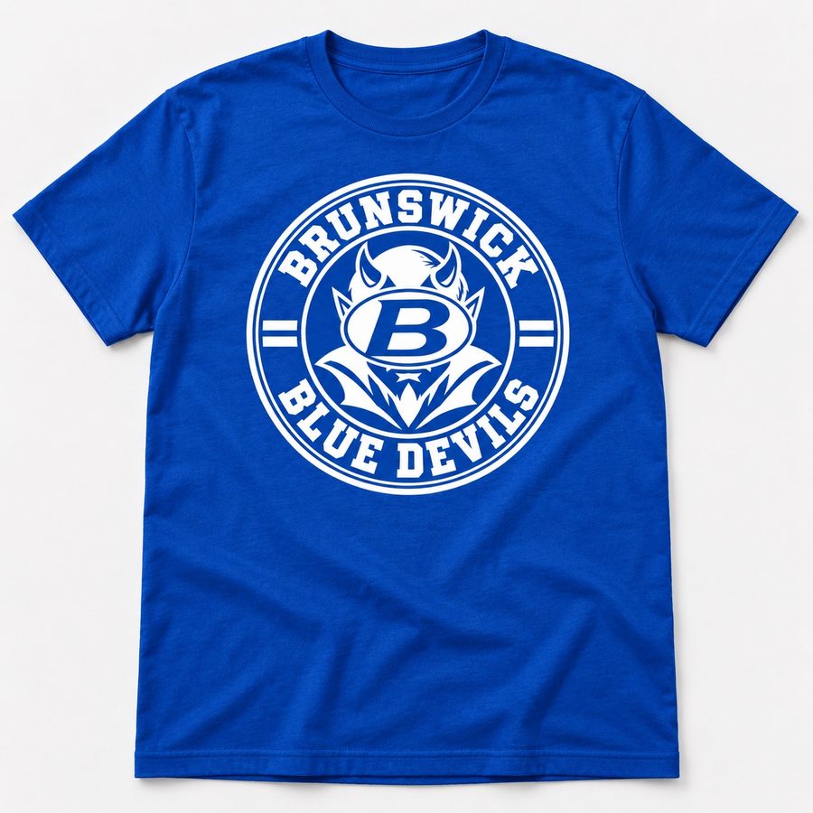 Brunswick Blue Devils circle logo in white on a blue T-shirt