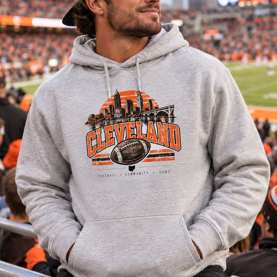 Cleveland skyline and football design in orange and brown on a light heather gray hoodie