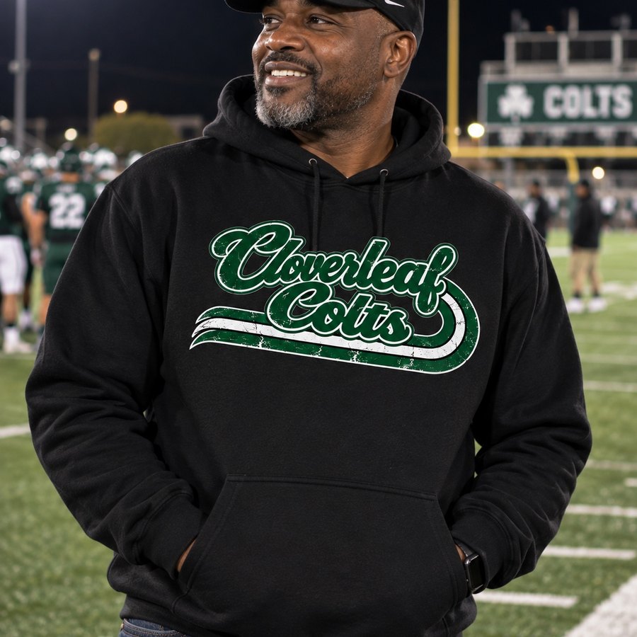 Cloverleaf Colts retro script printed in green and white on a black hoodie