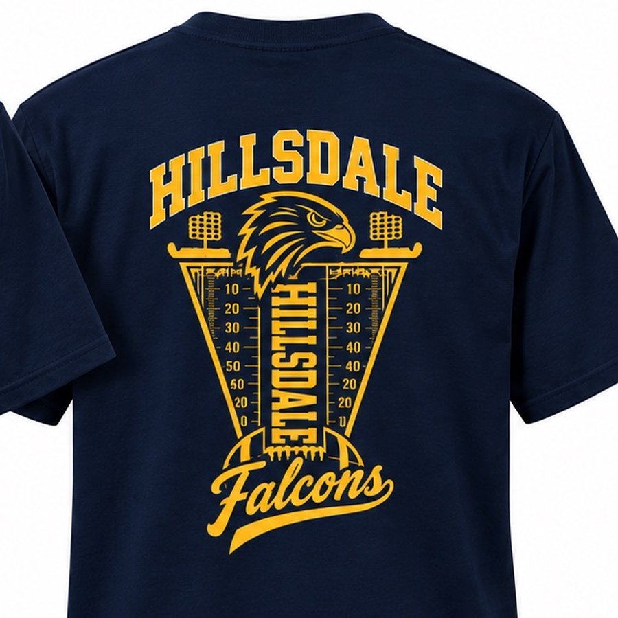 Hillsdale Falcons football pennant design in gold on the back of a navy T-shirt