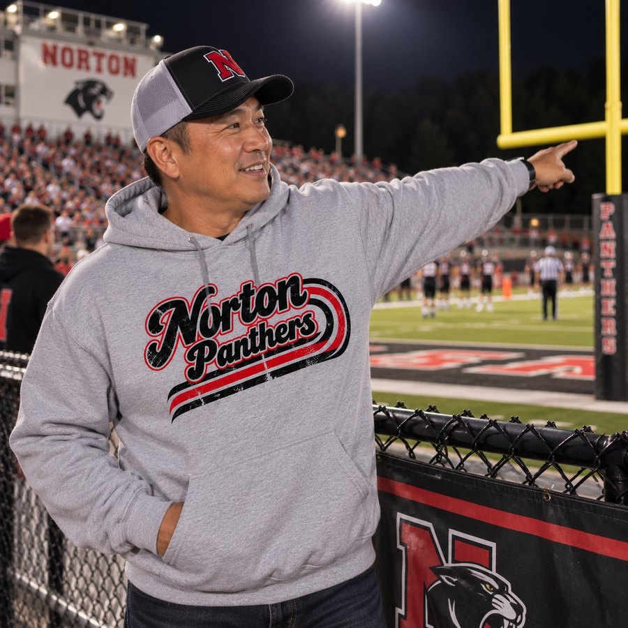 Norton Panthers retro script printed in red and black on a heather gray hoodie
