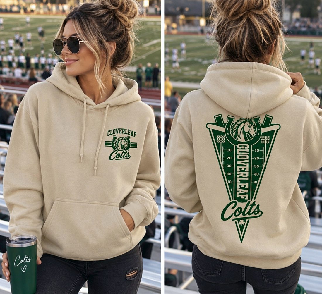 Sand-colored Cloverleaf Colts football hoodie shown front and back with green printing