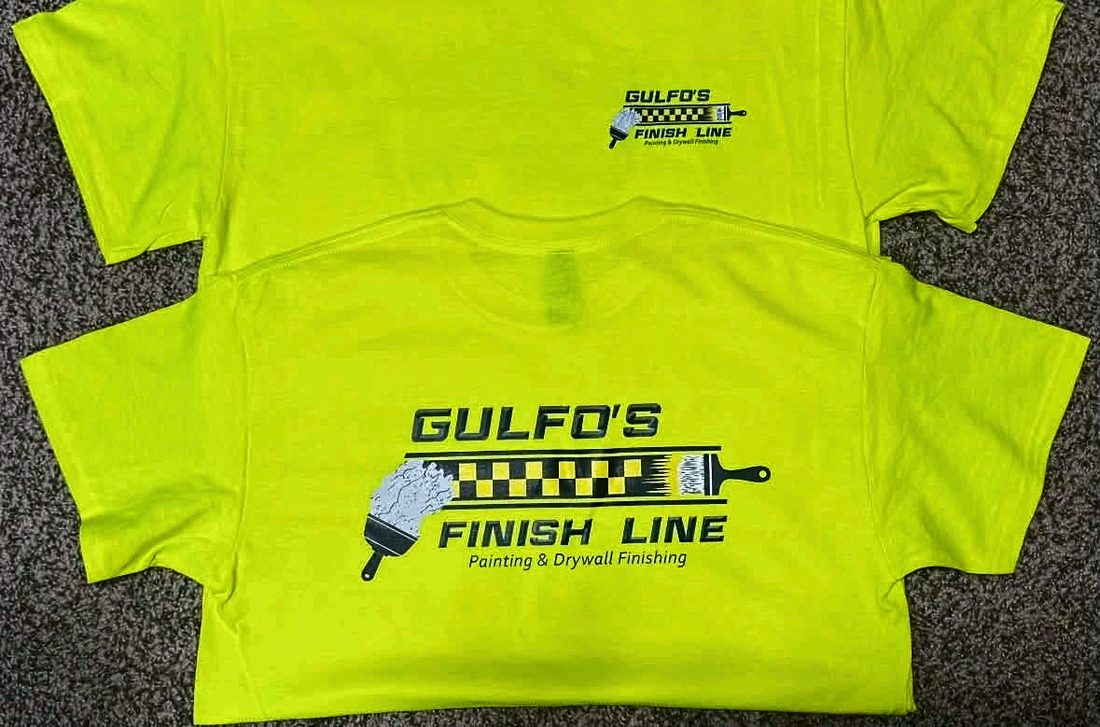 High-visibility yellow work shirts printed for Gulfo's Finish Line painting crew