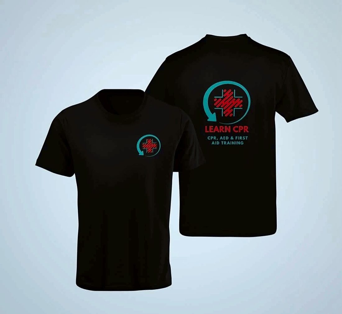Black Learn CPR t-shirts shown front and back